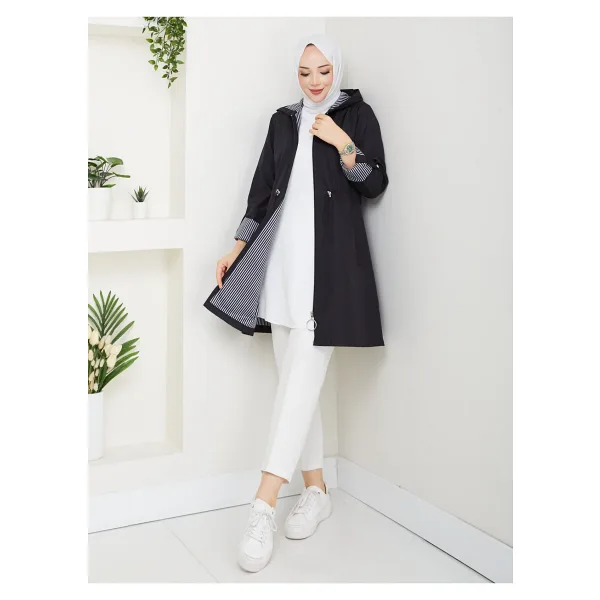 RACE FASHİON Çizgili Bondit Kumaş Beli Lastikli Kapüşonlu Tesettür Trençkot RC905010