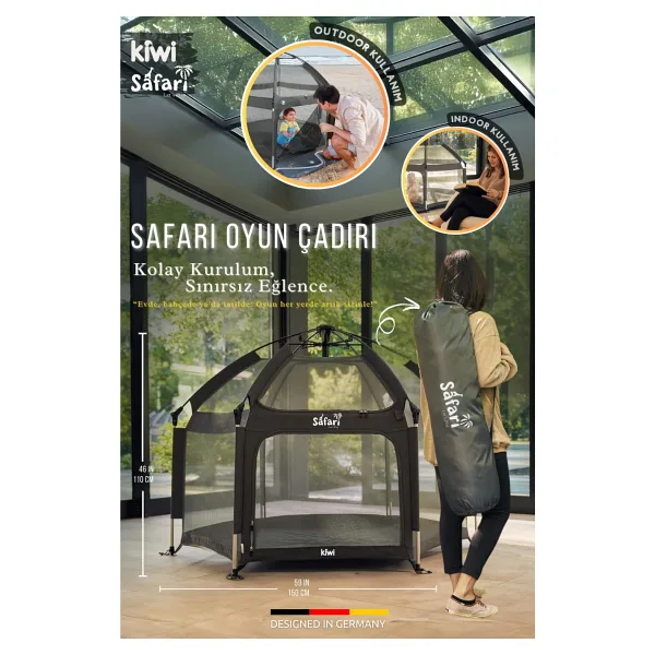 Safari Çocuk-Bebek Oyun Parkı-Çadırı +50 Uv Korumalı, Kolay Kurulum, Alüminyum Sağlam Gövde, Tse-Ce - Siyah