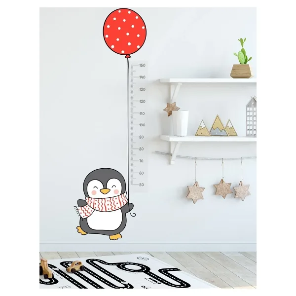 Sim Tasarım Kırmızı Balonlu Penguen Boy Ölçer Duvar Sticker