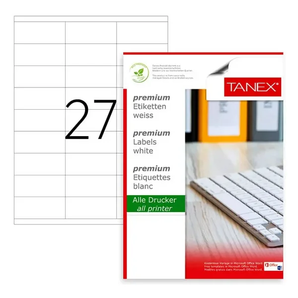 Tanex TW-2027 70x32,125 mm 27'li 100 Sayfa A4 Lazet Etiket