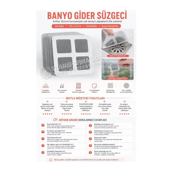 Transformacion 10 Adet Yapışkanlı Banyo Gider Süzgeci Saç Tutucu ve Çok Amaçlı 721135