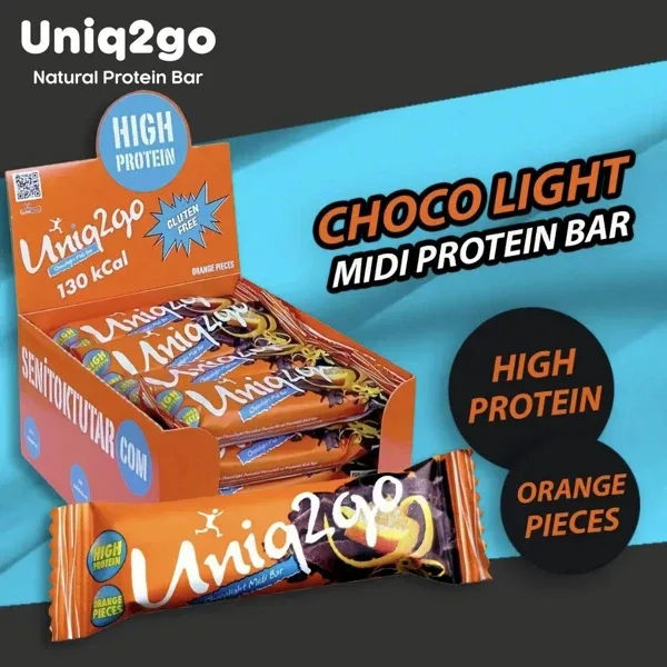 Uniq2Go Choco Light Midi 16lı Kutu %100 Naturel Portakal Aromalı Proteinli Bar 40g.