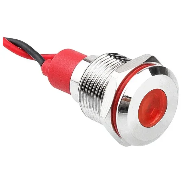 WD12L-P2 12mm 12-24V Kablolu Metal Sinyal Lambası - Kırmızı