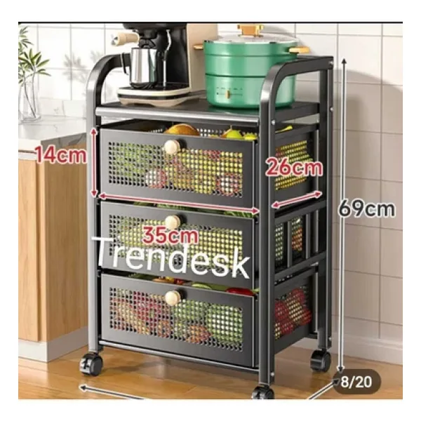 3 Katli Metal Siyah Cekmeceli Tekerlekli Patates Sogan Sepeti Sebze Meyve Sepeti Sebzelik