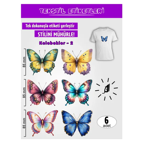 Agg Reklam Ütü ile Yapışan Kıyafet Etiketi Kelebekler -2 6lı Set