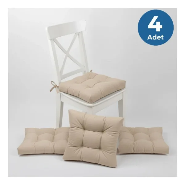 ALTINPAMUK 4'lü Lüx GOLD Pofidik Bej Sandalye Minderi Özel Dikişli Bağcıklı 40x40cm