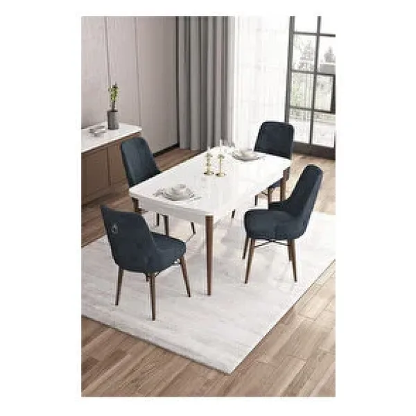 Canisa Are Serisi,beyaz Masa Ceviz Ayak Mdf 80x132 Açılabilir Yemek Odası Takımı,4 Sandalye Gümüş Halkalı