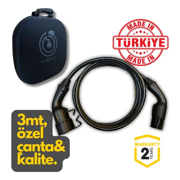 Evoşarj 22 kW T2 3 m Çantalı Elektrikli Araç Şarj Kablosu