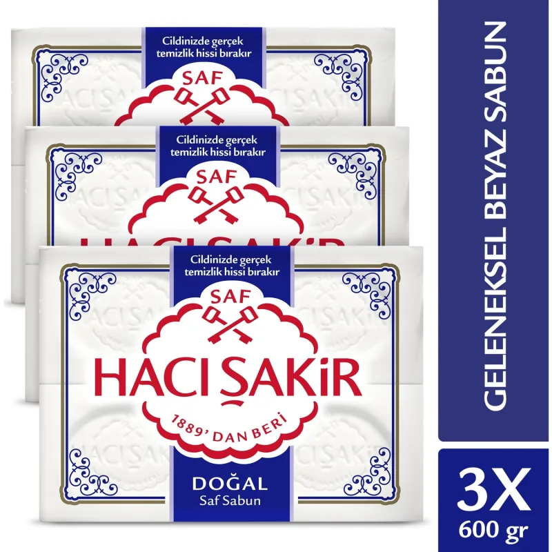 Hacı Şakir Doğal Saf Beyaz Banyo Sabunu 3'lü Paket 600 gr Geleneksel Formül Ferahlatıcı