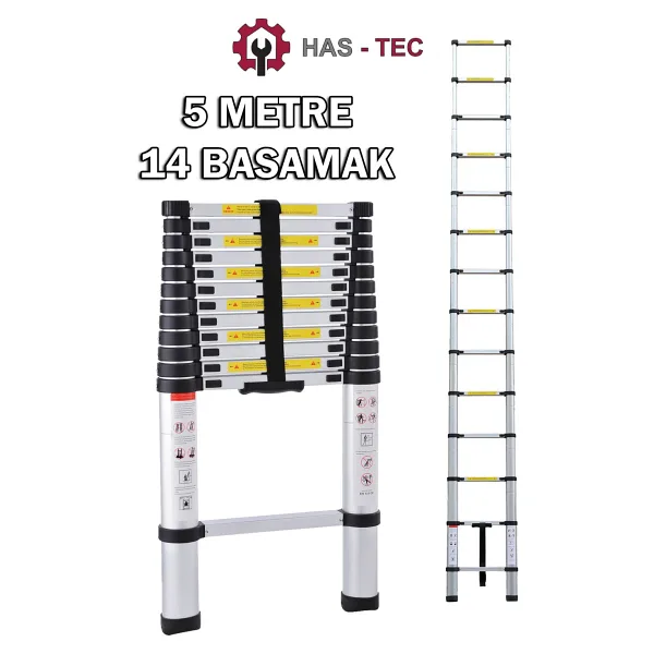 HAS-TEC Teleskopik Merdiven Düz Uzayan 5 Metre 14 Basamaklı Alüminyum