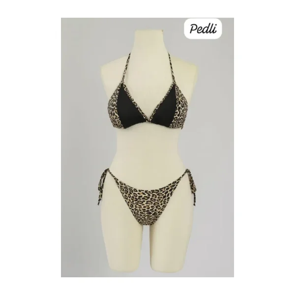 Kadın Siyah Ve Leopar Detaylı Yandan Bağlamalı Bikini Takımı Leopar