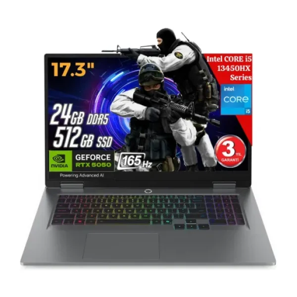 Lenovo Loq 17IRX10 Aı Intel Core I5-13450HX 24GB Ddr5 512GB SSD RTX5050 8gddr7 17.3 IPS 165Hz Fhd Freedos 83JH0069TR Dizüstü Bilgisayar (Yapay Zeka Destekli) - 512 GB - 24 GB