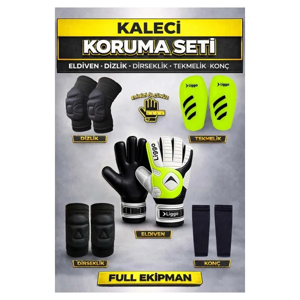 Liggo Yetişkin ve Çocuk Kaleci Eldiveni Dizlik Dirseklik Tekmelik Tozluk Seti - 10 - Yeşil