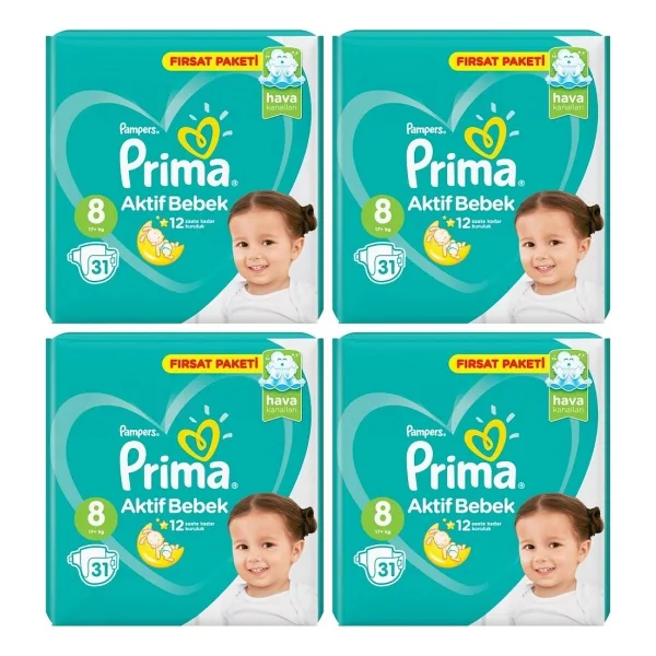 Prima Aktif 8 Numara XXX Large 31'li 4 Adet Bebek Bezi