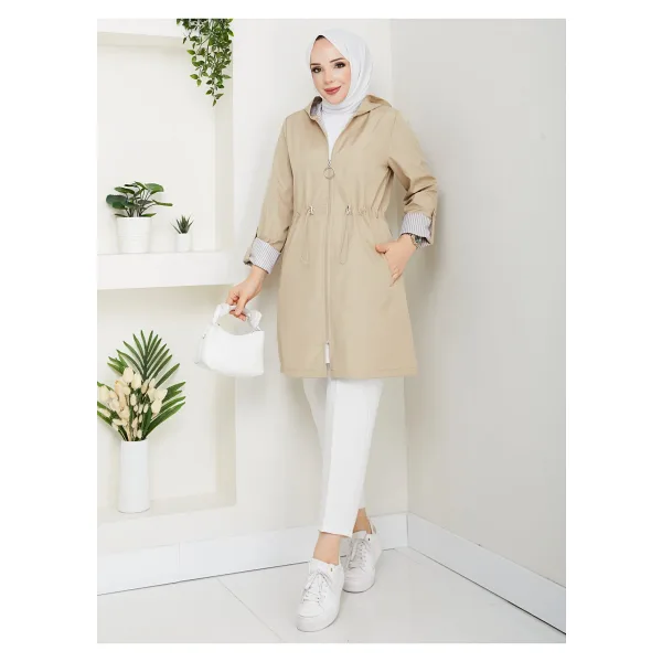 RACE FASHİON Çizgi Desenli Bondit Kumaş Beli Lastikli Kapüşonlu Tesettür Trençkot RC905010