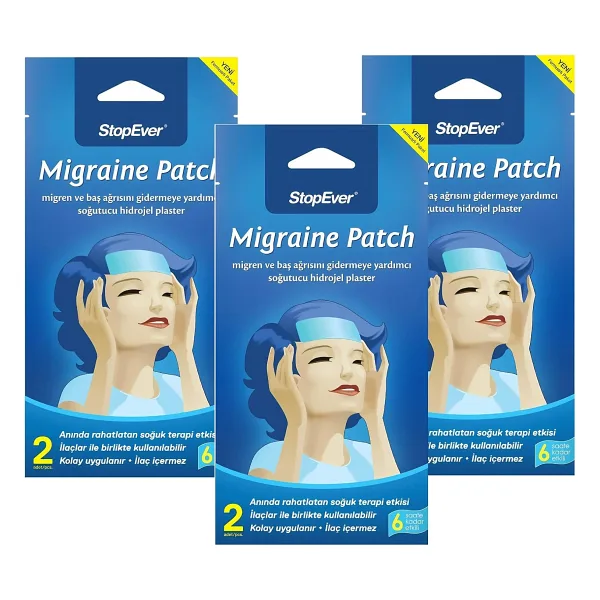 StopEver Cooling Patch - Soğutucu Hidrojel Plaster 3'lü Paket İlaç İçermeyen Alın Bölgesi Ferahlatıcı 6 Saat Etkili (3 x 2) Adet
