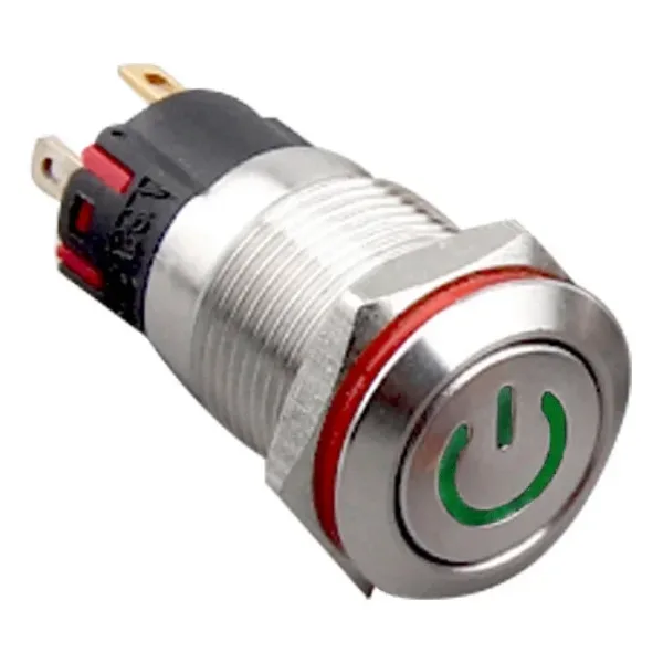 WD12A-P1-C 12mm Düz Yaylı Işıklı Power Metal Buton - Yeşil