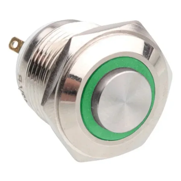 WD16H-G1-E 16mm Çıkık Yaylı Işıklı Metal Buton - Yeşil