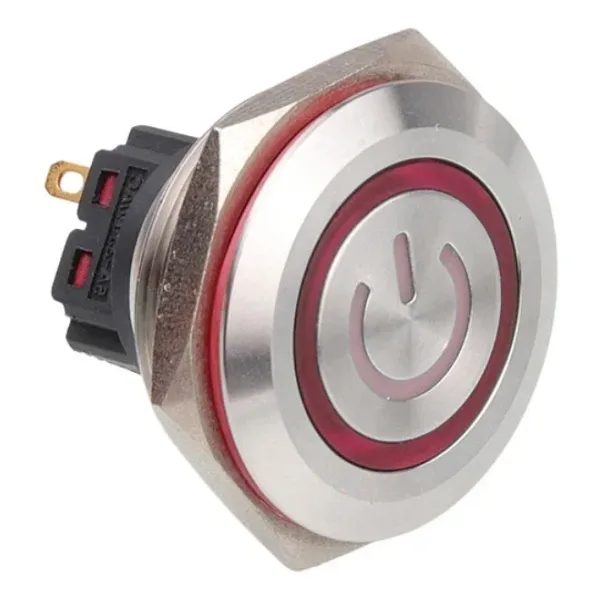 WD28B-P1-EC 28mm Düz Yaylı Işıklı Power Metal Buton - Kırmızı