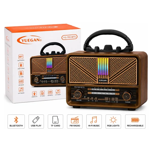 YUEGAN YG-7051BTS Nostalji Bluetooth Hoparlör Taşınabilir FM/AM/SW Radyo USB TF Kart Destekli Güneş Panelli