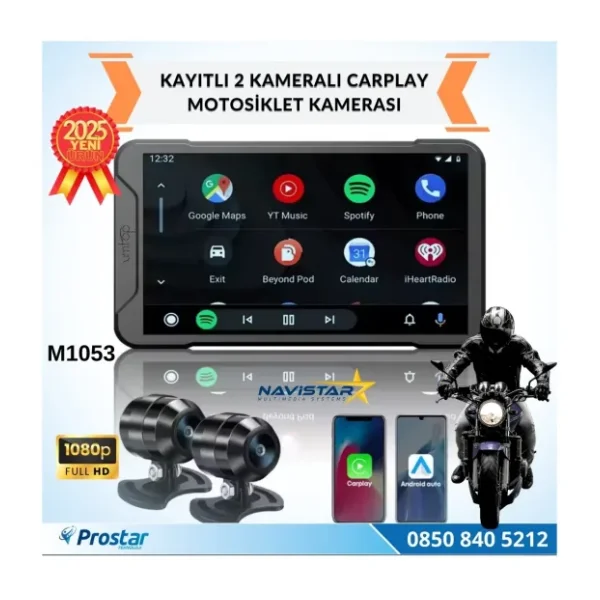 5 Inç Carplay Motosiklet Kamera Seti 2k 1440P 2 Kameralı Wifi Bluetooth Lastik Basınç Göstergeli