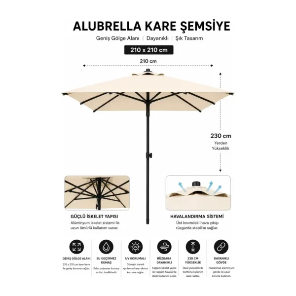 Alubrella Güneş Şemsiyesi Kare, 210 Cm, Krem Rengi Su Geçirmez Kumaş