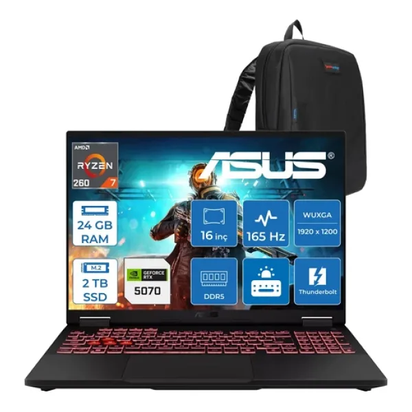 Asus Tuf Gaming A16 FA608UP Amd RyzenTM 7 260 Aı 24GB Ddr5 2tb SSD 8GB/RTX5070 115W 16-Inch Fhd+ 1920 x 1200, 165Hz 3ms IPS-SRGB:100% Freedos Gaming Laptop WRV199F05+ZETTAÇANTA - 2 TB - 24 GB