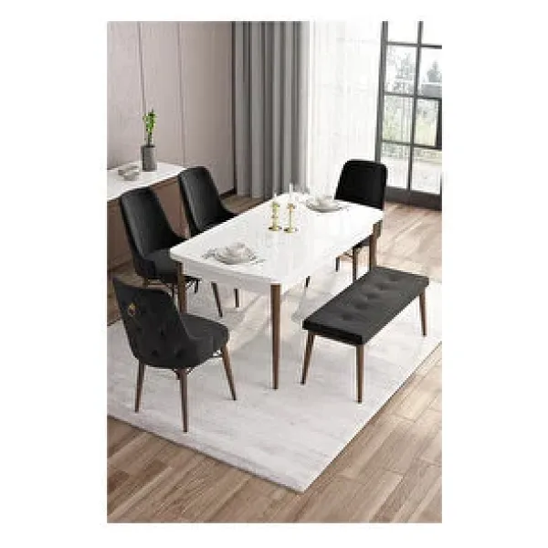 Canisa Are Serisi,beyaz Masa Ceviz Ayak Mdf 80x132 Açılabilir Yemek Odası Takımı,4 Sandalye Gold Halkalı Ve 1 Bench