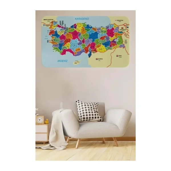 Eğitici ve Öğretici Detaylı Dekoratif Komşulu Türkiye Haritası Duvar Sticker