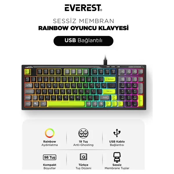 Everest Silent KB-98 Siyah-Gri-Yeşil Membrane Switch Kablolu Oyuncu Klavyesi
