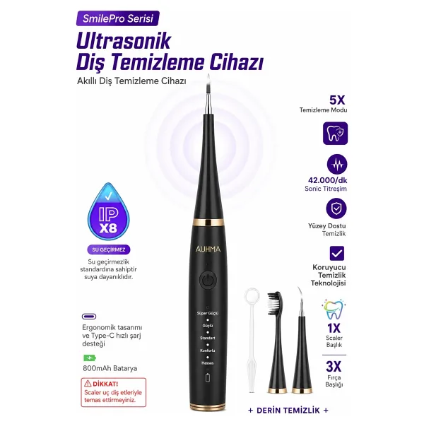 Exenar Diş Taşı Temizleme Cihazı Şarjlı Diş Fırçası Sonik Ultrasonik Akıllı Diş Taşı Temizleyici 5 Mod Ipx8 - Siyah