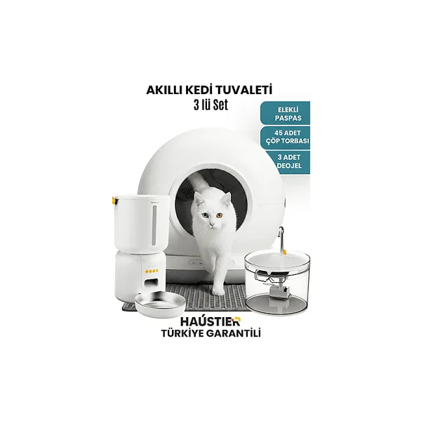 HAUSTIER CB001 Gri Kedi Tuvaleti + FW3 Mama Kabı ve Su Pınarı 3'lü Set Beyaz