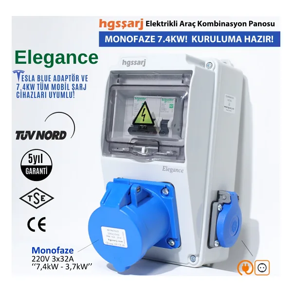 Hgsşarj "Elegance" 7,4kW Monofaze 3X32A + 1X16A Elektrikli Araç Kombinasyon Kutusu Tesla Mavi Adaptöre Uyumlu Schneider Marka Sigorta Grubu