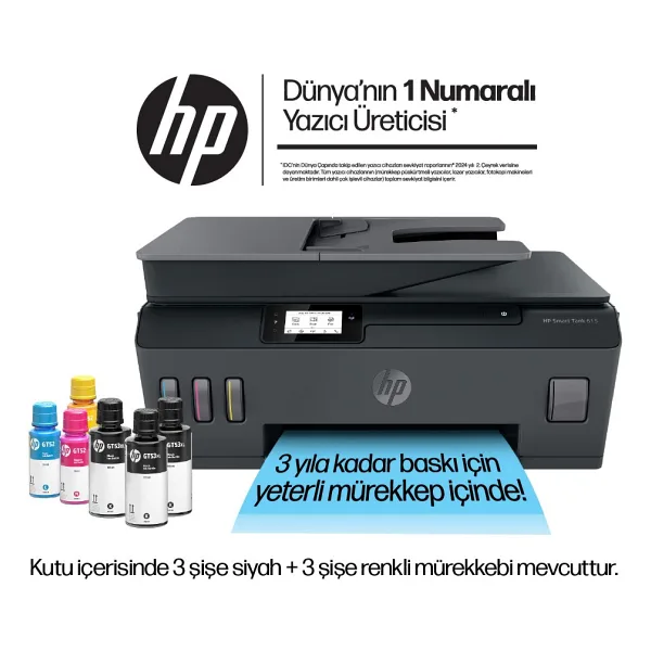 HP Smart 615 Y0F71A Wi-Fi + Faks +Tarayıcı + Fotokopi Renkli Çok Fonksiyonlu Tanklı Mürekkep Püskürtmeli Yazıcı