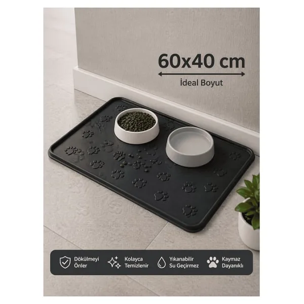 Kedi Köpek Mama Matı Havuzlu Yıkanabilir Kaymaz Evcil Hayvan Beslenme Matı Kedi Kumu Paspası 40x60