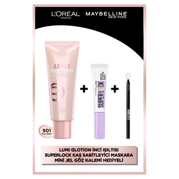 L'Oreal Paris Glotion Doğal Işıltı 901 & Super Lock Kaş Sabitleyici Makyaj Seti & Tattoo Liner Mini Maskara Hediyeli - Siyah