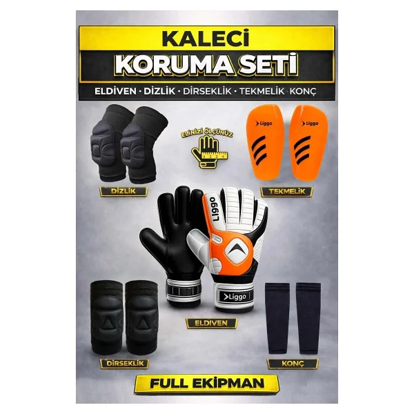 Liggo Yetişkin ve Çocuk Kaleci Eldiveni Dizlik Dirseklik Tekmelik Tozluk Seti - 9 - Turuncu
