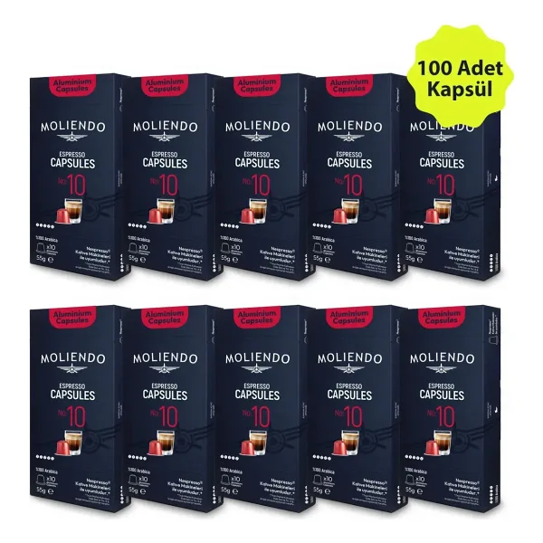 Moliendo Finest Coffee Alüminyum Kapsül Kahve No:10 Avantaj Paketi (100 ADET NESPRESSO UYUMLU ALÜMİNYUM KAPSÜL)