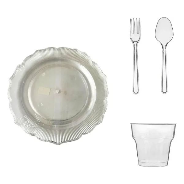 Omeyva 26 Cm. Plastik Mika Şeffaf Sorfa Piknik Seti - 72 Kişilik Tabak Bardak Çatal Kaşık Takımı