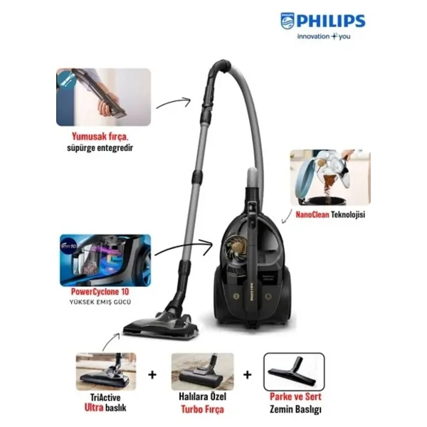 Phılıps Marathon ULTIMATEXB9125TOZ Torbasız Süpürge+ Halı Döver Turbo Başlık +Yedek Filitre Hediyeli - Antrasit