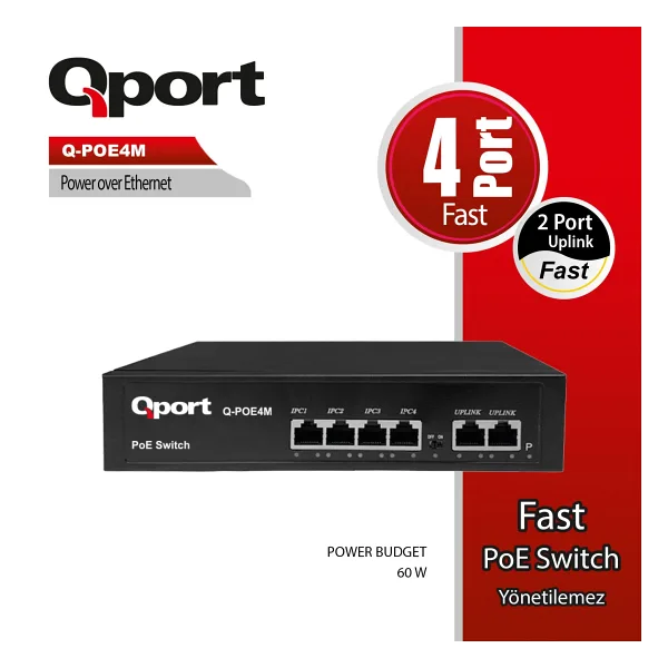 QPORT Q-POE4M 4 PORT 10/100 4 PORT POE 2 PORT UPLINK 60W YONETILEMEZ DESKTOP SWITCH