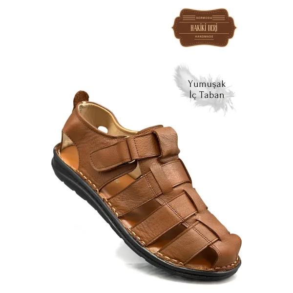 sermoda Hakiki Deri Burnu Kapalı Erkek Sandalet Taba
