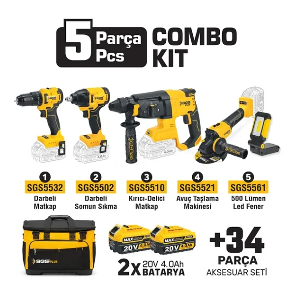 SGS5451 - COMBO SET 5 PARÇA (Darbeli Matkap / Kırıcı-Delici Matkap / Avuç Taslama Makinesi / Darbeli Somun Sıkma / Led Fener)