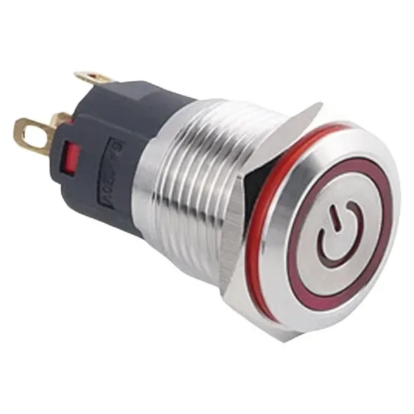 WD16A-P1-EC 16mm Düz Yaylı Işıklı Power Metal Buton - Kırmızı