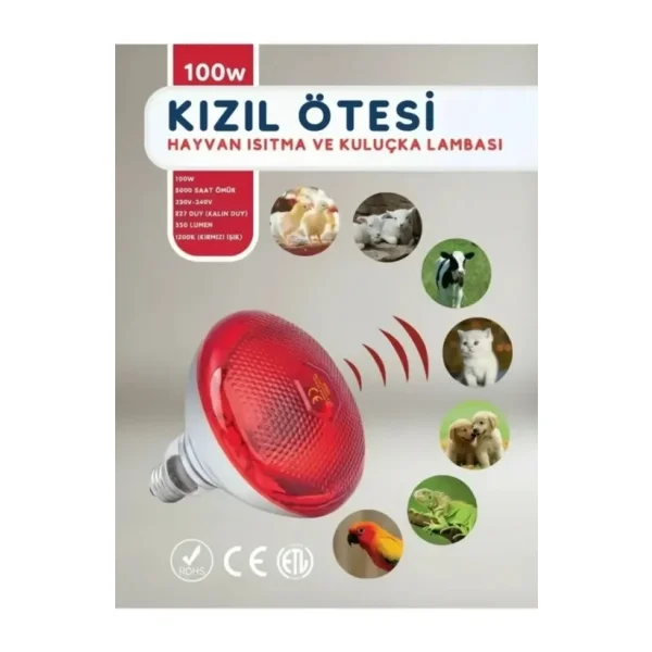 100W Kızılötesi (İnfrared) Isıtıcılı Hayvan Isıtma Ve Kuluçka Lambası (Kırmızı Işık) E27 (Kalın Duy)