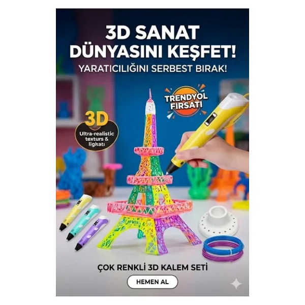 3D Kalem Seti (Sarı) Dijital Göstergeli + 3 Renk Filament Hediyeli Eğitici Yazıcı Abs/Pla Uyumlu
