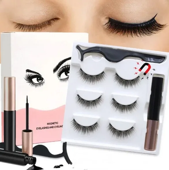 3d Manyetik 6 Adet Takma Kirpik Seti 3 Çift + Kirpik Cımbızı + yapıştırıcı