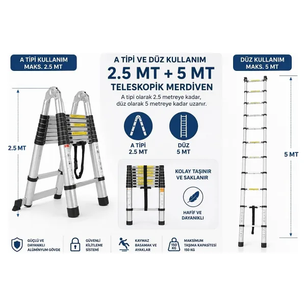 ADR 8+8 Basamaklı 2,5Mt + 2,5mt 5Mt Uzayan Çift Yönlü Teleskopik Alüminyum Merdiven