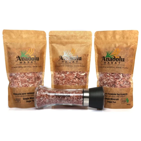 Anadolu Hasat Himalaya Kristal Kaya Tuzu (Granül) 3 Adet 500GR+TUZ Değirmeni 200GR - 1,5 kg