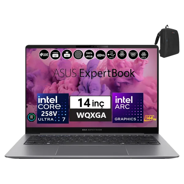 Asus Expertbook P5405CSA-WI7321TBS0D Intel Ultra 7 258V Aı 32GB 256GB SSD Arc 140V Freedos 14" Wqxga 400NIT IPS Taşınabilir Bilgisayar WI7321TBS0D01+ZETTAÇANTA